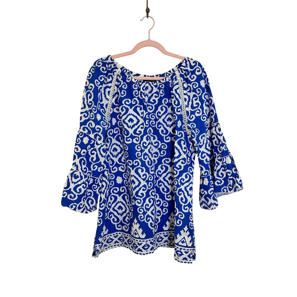 Calessa Peasant Blouse Top Size XL Blue White Ikat Tiered Bell Sleeve Cotton